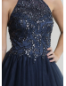 Navy Blue Tulle Beaded High Neck Backless Knee Length Prom Dress